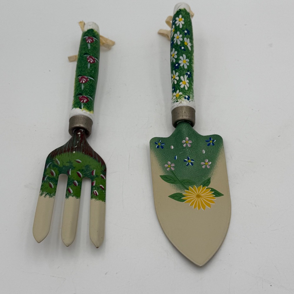 Vintage Hand Painted Floral Garden Tool Set Trowel and Fork Green Cream Daisy